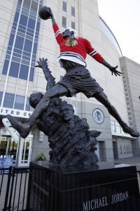 Blackhawks jersey on Michael Jordan statue outside of the United Center.