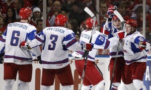 Members of Team Russia celebrate a goal during the gold-medal game against Canada.