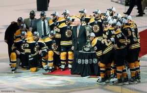 Boston Bruins celebration The Bruins celebrate around (but don't touch!) the Prince of Wales trophy.
